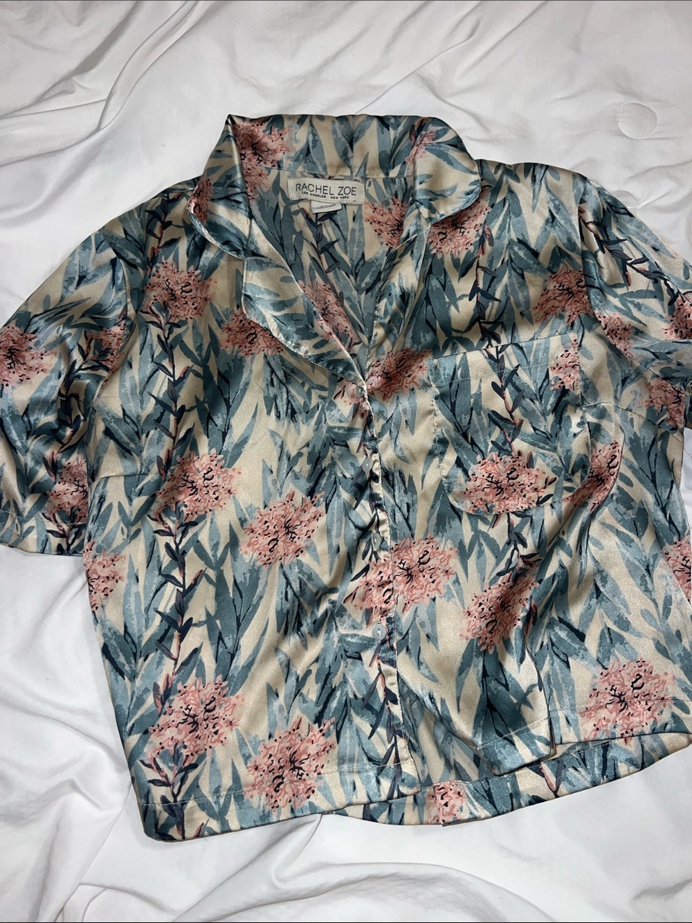 Rachel Zoe Blue Cream Floral Satin Pajama Top